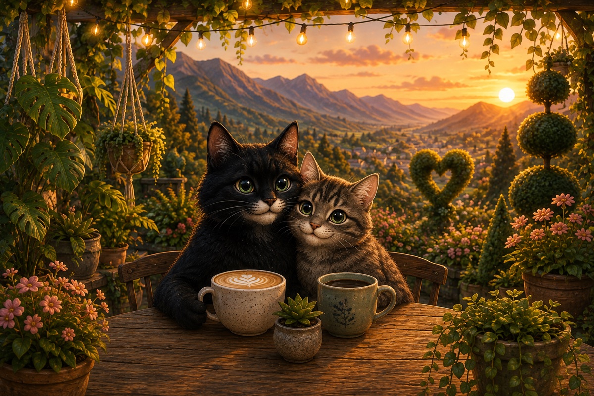Two cats snuggled up with coffee on a garden patio, watching the sun set over the mountains beside a heart-shaped topiary