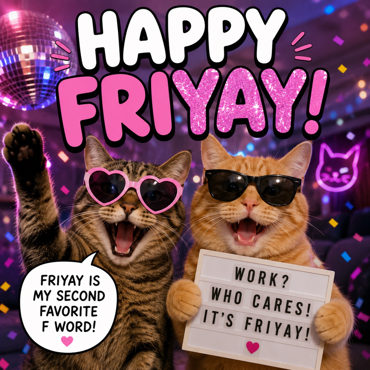 Happy FriYay meme: two cats in sunglasses celebrating under a disco ball with confetti; one says FriYay is my second favorite F word, the other holds a lightbox sign reading Work? Who cares! It’s FriYay!