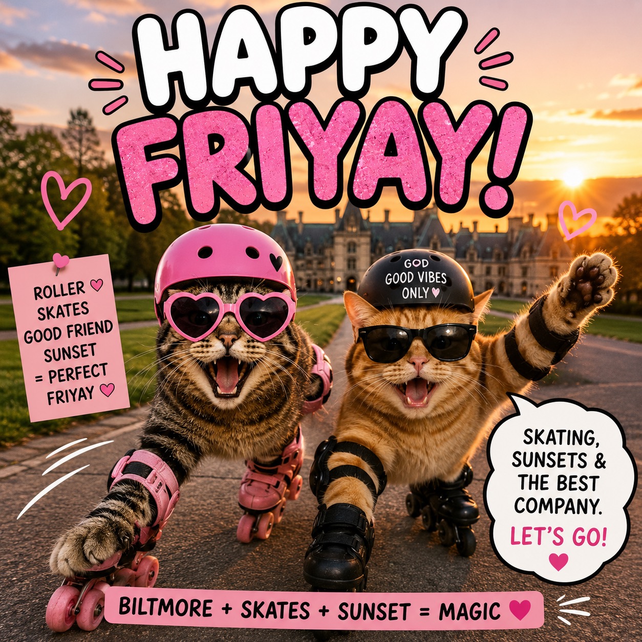 Happy FriYay meme: boy and girl kitty cats on skates at Biltmore with a big Asheville sunset behind them