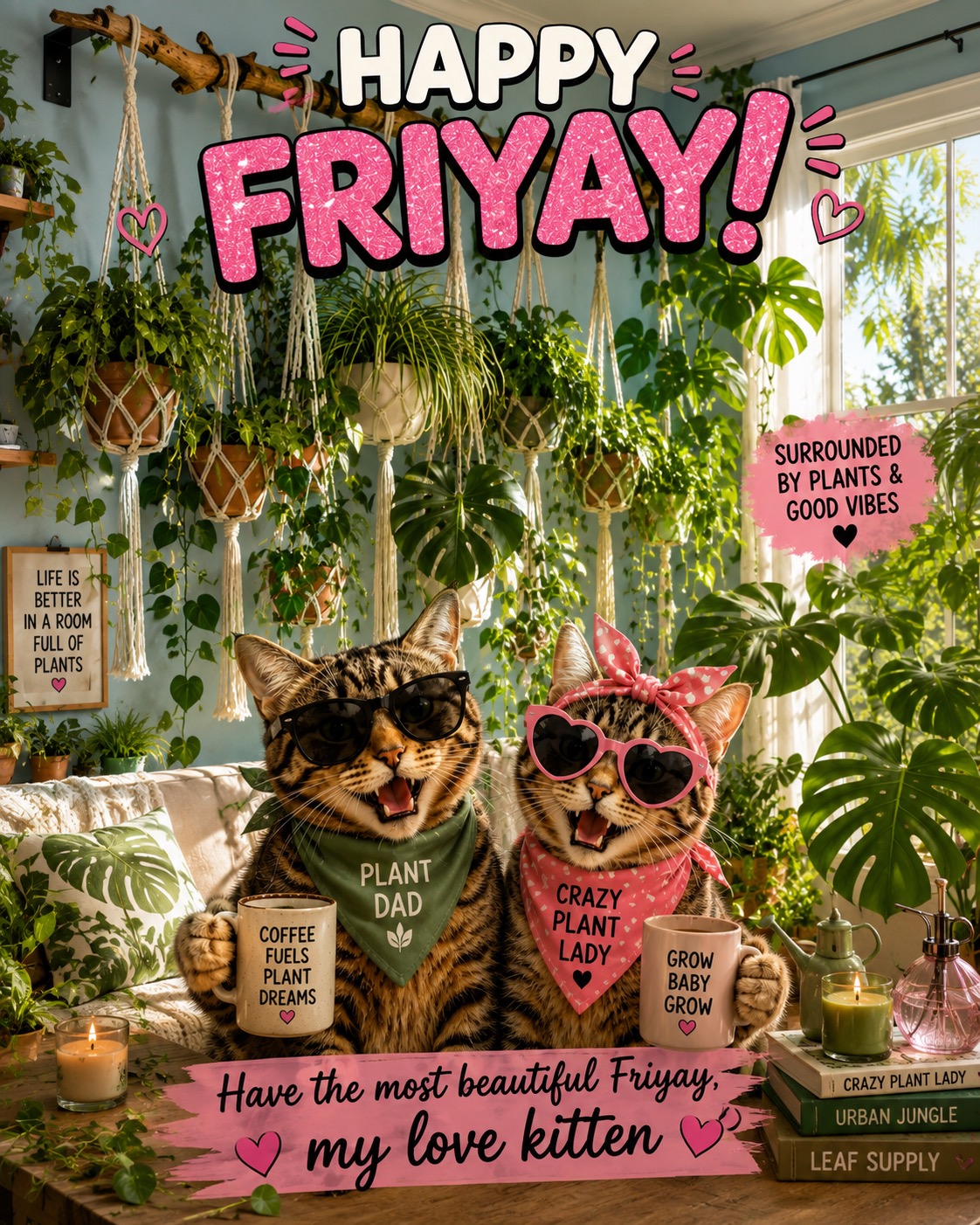 Happy FriYay meme: boy and girl cats surrounded by an absurd number of houseplants and monsteras in an ocean-blue living room, with handmade macramé planters hanging across the window
