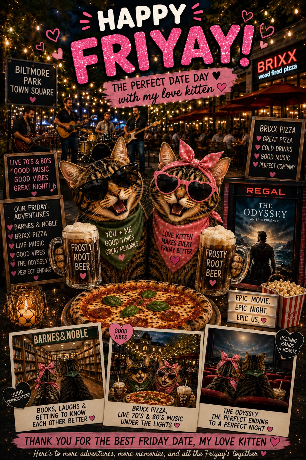 Happy FriYay meme: a scrapbook-style date night at Biltmore Park Town Square with Brixx pizza, an outdoor ’70s and ’80s band, Barnes & Noble and The Odyssey at the movie theater