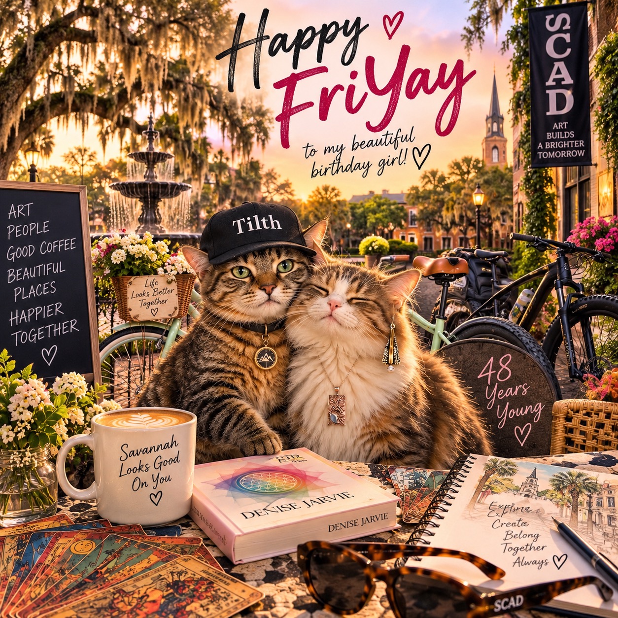 Birthday-edition Happy FriYay illustration of two affectionate cats celebrating Bethany's 48th birthday in Savannah, surrounded by bicycles, tarot cards, art, Spanish moss and SCAD-inspired details.