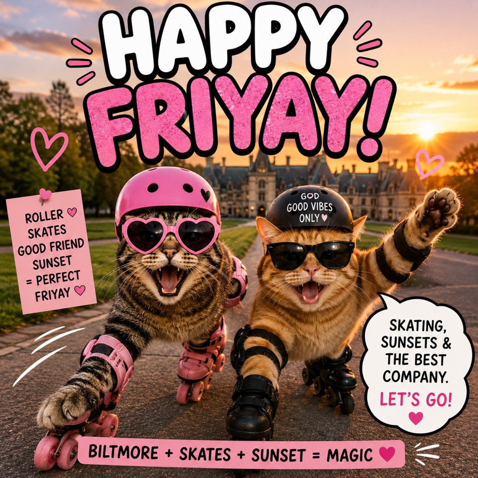 Happy FriYay meme: boy and girl kitty cats on skates at Biltmore with a big Asheville sunset behind them