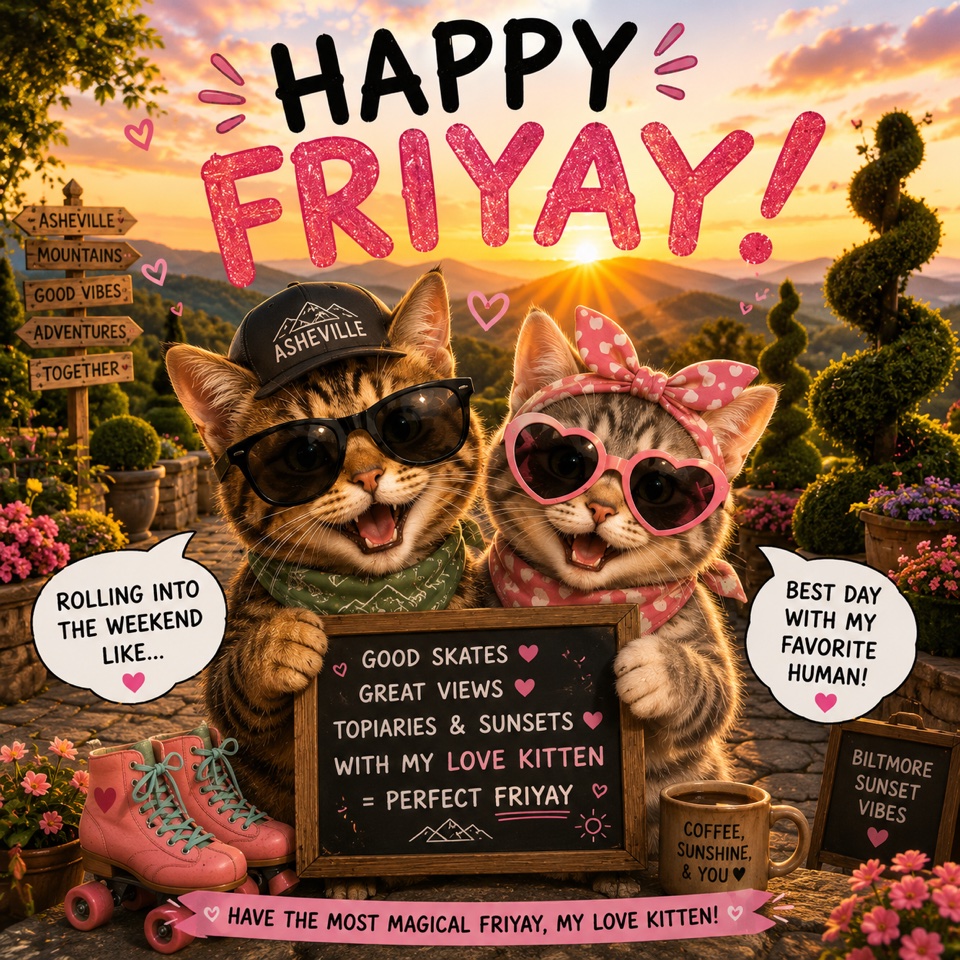 Happy FriYay meme: a magical sunny Asheville mountain scene with elaborate topiaries and the boy and girl kitty cats, celebrating my love kitten