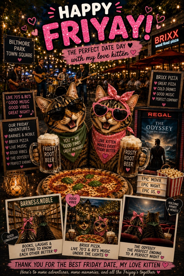 Happy FriYay meme: a scrapbook-style date night at Biltmore Park Town Square with Brixx pizza, an outdoor ’70s and ’80s band, Barnes & Noble and The Odyssey at the movie theater