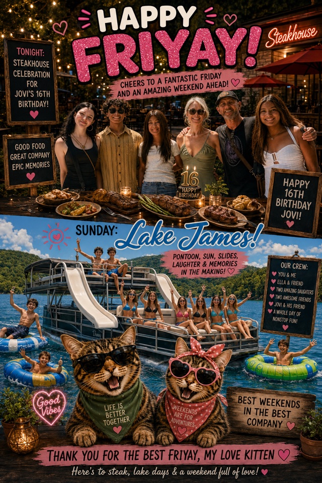 Happy FriYay meme: a 16th birthday steakhouse dinner with the whole family up top, and below, a huge sunny Lake James scene with the double-slide pontoon and everyone out on the water