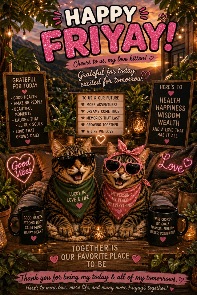 Happy FriYay meme: the boy and girl cats at a warm Asheville sunset surrounded by plants, with signs celebrating health, happiness, wisdom, wealth, gratitude and the future