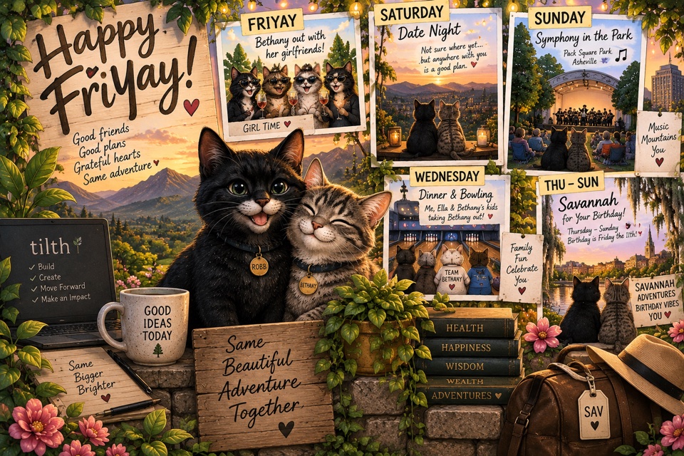 Happy FriYay illustration of two affectionate cats surrounded by scenes representing a week of friends, work, date night, Symphony in the Park, family bowling and a birthday trip to Savannah.
